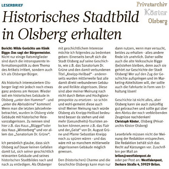 Leserbrief "Historisches Stadtbild in Olsberg erhalten"