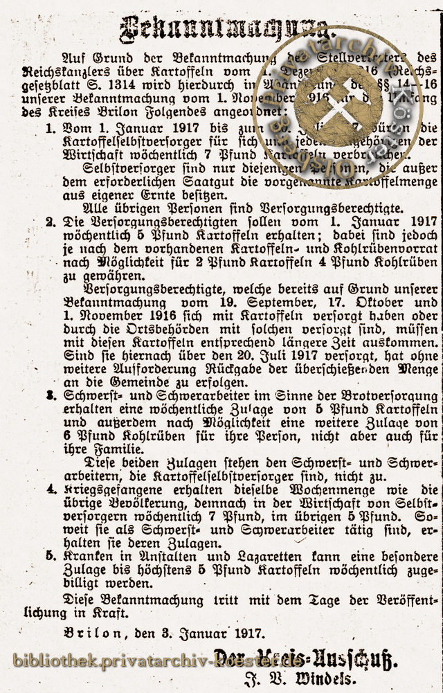 Kreis Brilon - Bekanntmachung Kartoffeln und Kohlrüben 03.01.1917