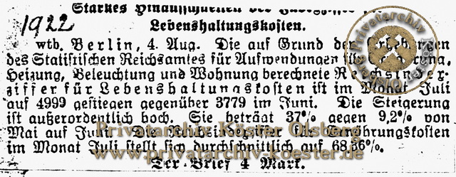 Zeitungsartikel Lebenshaltungskosten 04.08.1922