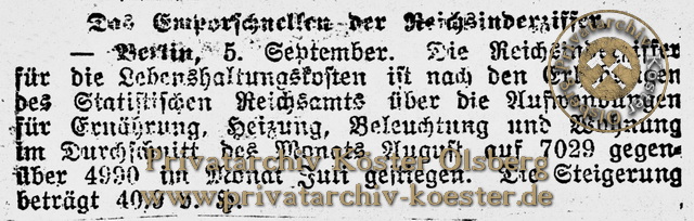 Zeitungsartikel Reichsindexziffer 05.09.1922