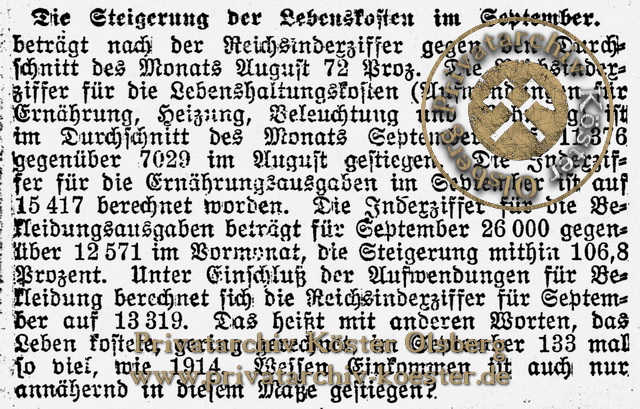 Zeitungsartikel Lebenskosten Oktober 1922