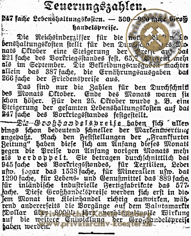 Zeitungsartikel Teuerungszahlen Oktober 1922