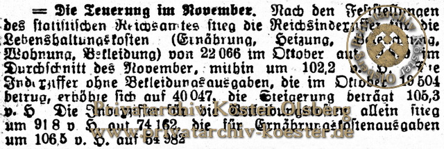 Zeitungsartikel Teuerung Dezember 1922