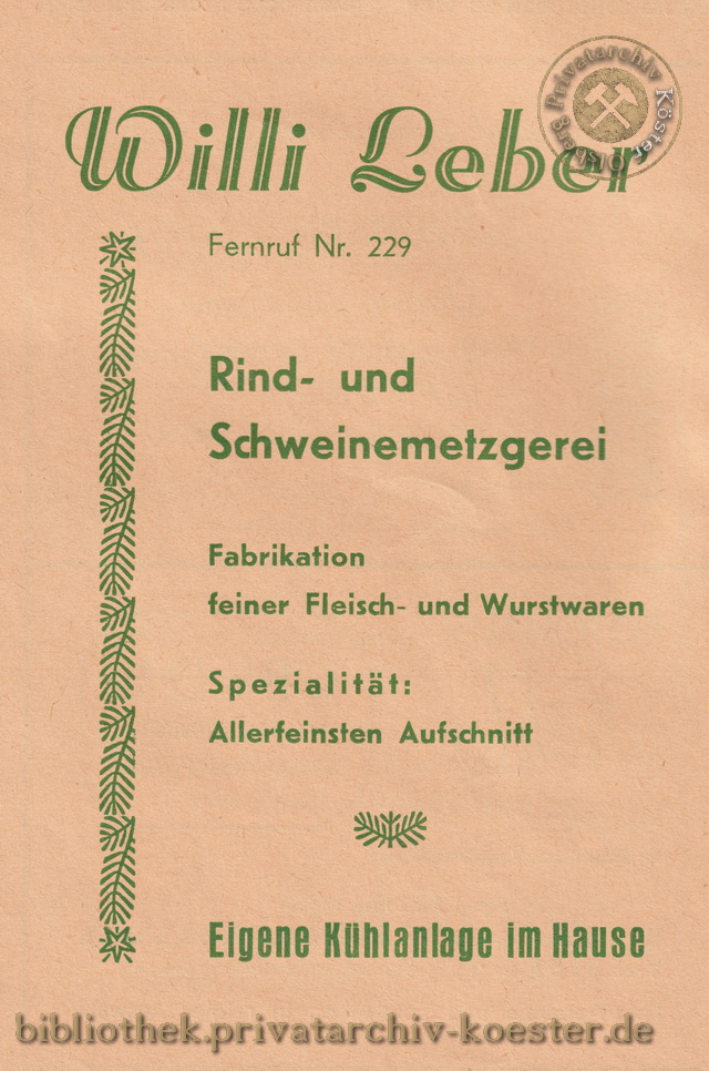 Werbeanzeige Metzgerei Willi Leber 1956