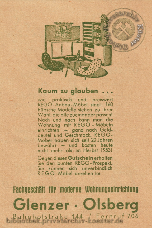 Werbeanzeige Möbel-Fachgeschäft Glenzer 1956