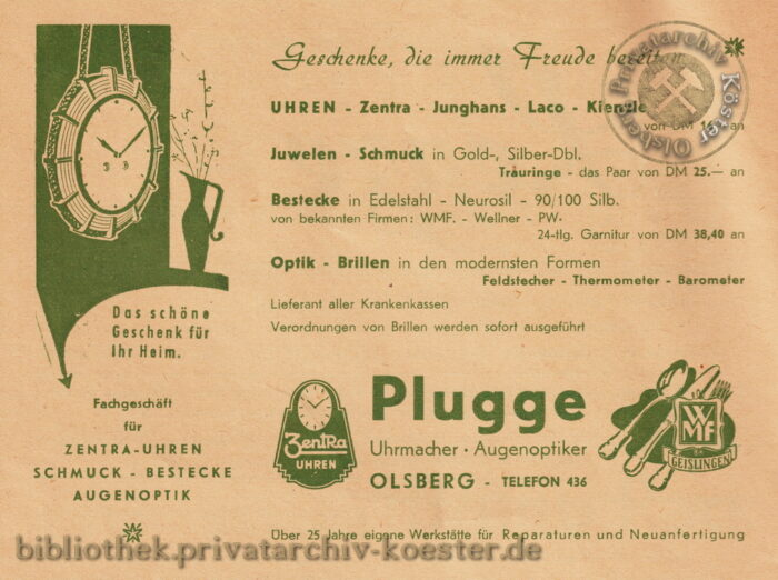 Werbeanzeige Uhrmacher Hubert Plugge Olsberg 1956