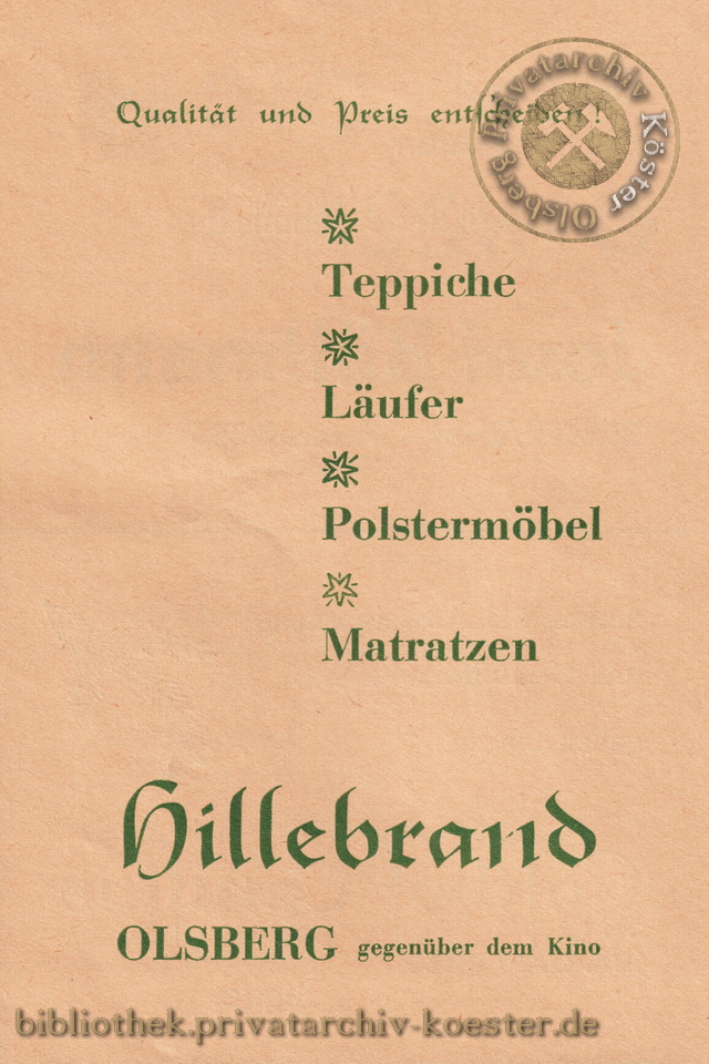 Werbeanzeige Möbelgeschäft Hillebrand Olsberg 1956