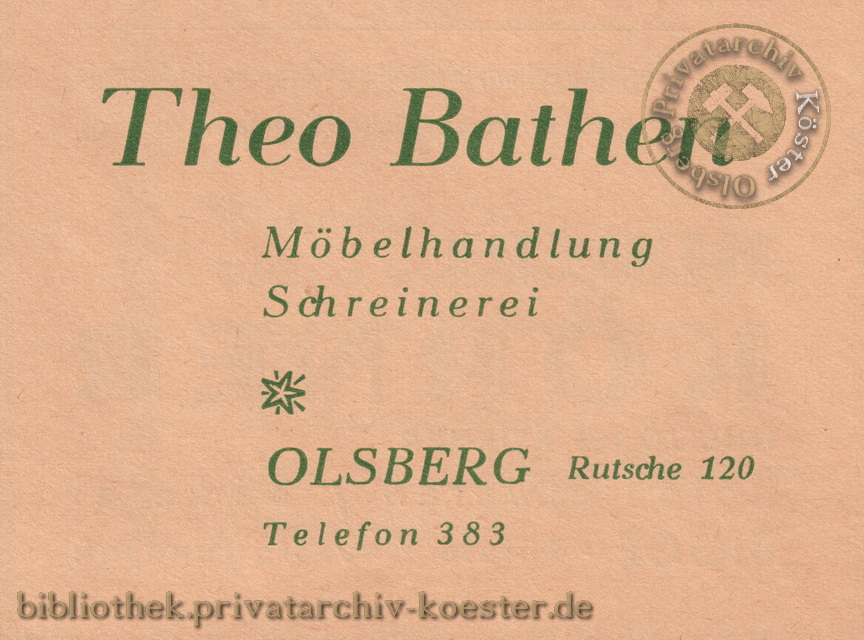 Werbeanzeige Schreinerei Theo Bathen Olsberg 1956