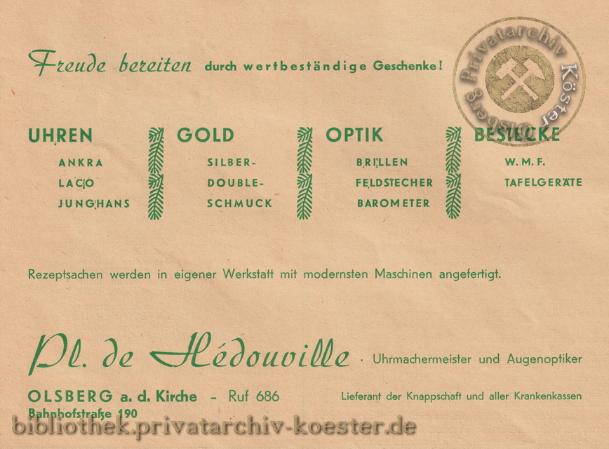 Werbeanzeige Uhrmacher de Hedouville Olsberg 1956