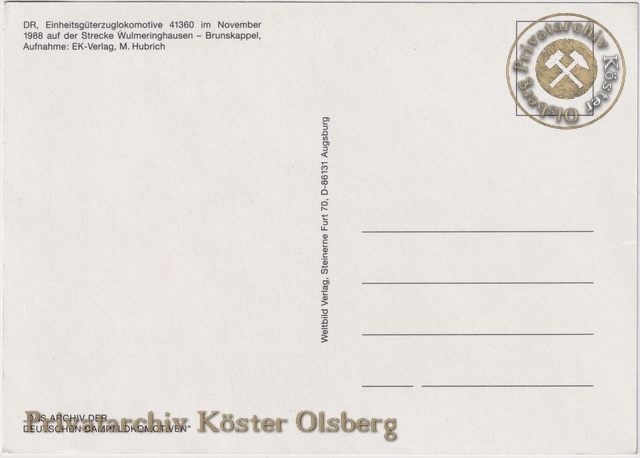 Ansichtskarte "DR 41 360 zwischen Wulmeringhausen und Brunskappel" 1988