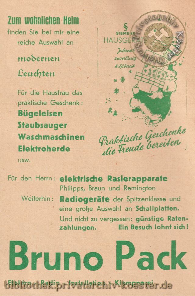 Werbeanzeige Bruno Pack Olsberg 1956