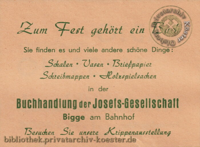 Werbeanzeige Buchhandlung der Josefs-Gesellschaft Bigge 1956