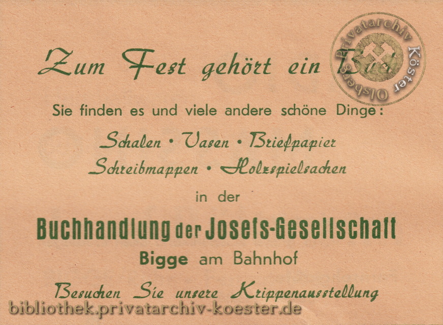Werbeanzeige Buchhandlung der Josefs-Gesellschaft Bigge 1956