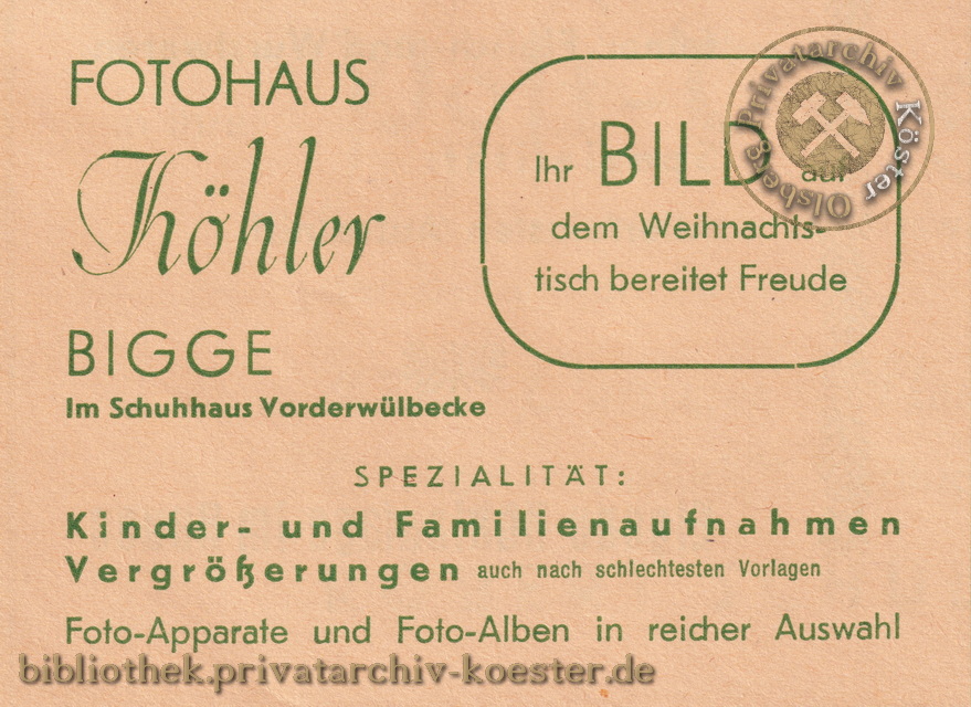 Werbeanzeige Fotohaus Köhler Bigge 1956