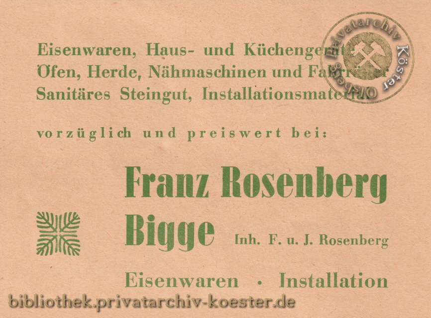 Werbeanzeige Franz Rosenberg Bigge 1956