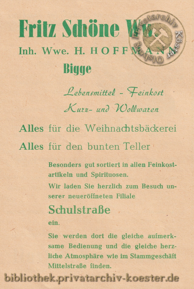 Werbeanzeige Fritz Schöne Ww. Bigge 1956