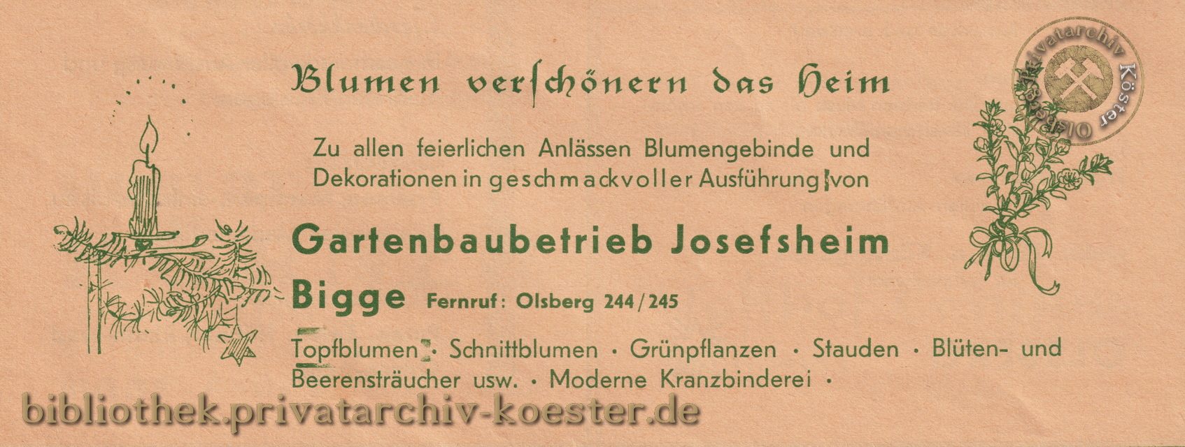 Werbeanzeige Gartenbaubetrieb Josefsheim Bigge 1956