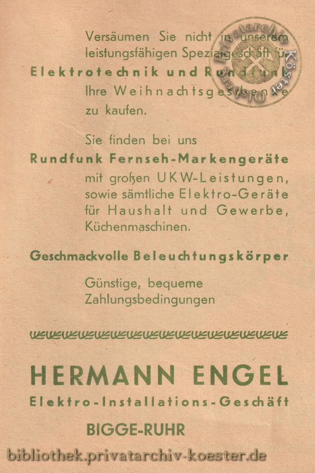 Werbeanzeige Hermann Engel Bigge 1956