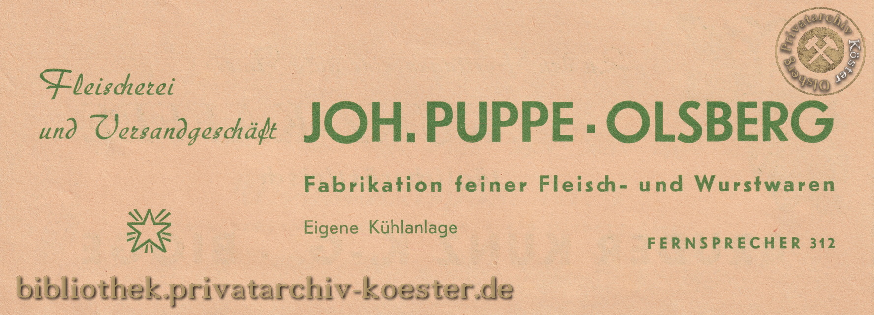 Werbeanzeige Fleischerei Puppe Olsberg 1956