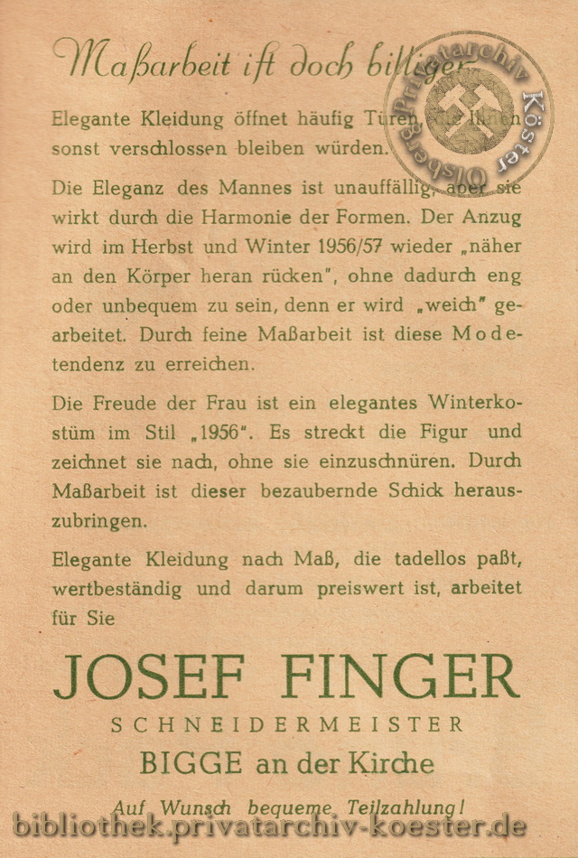 Werbeanzeige Josef Finger Bigge 1956
