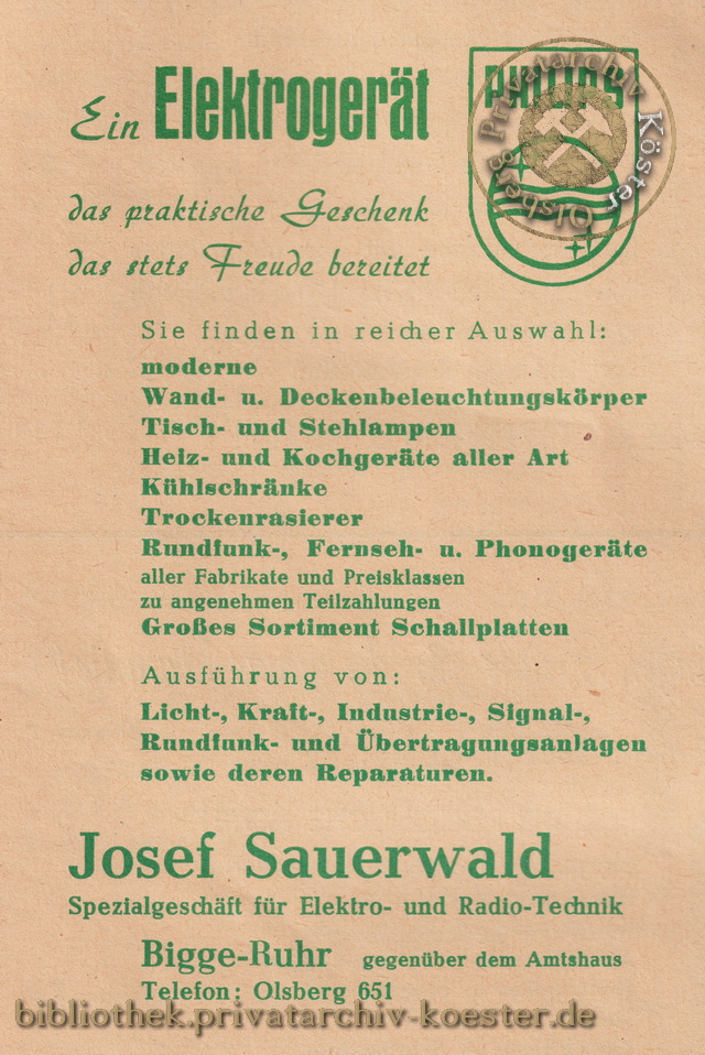 Werbeanzeige Josef Sauerwald Bigge 1956