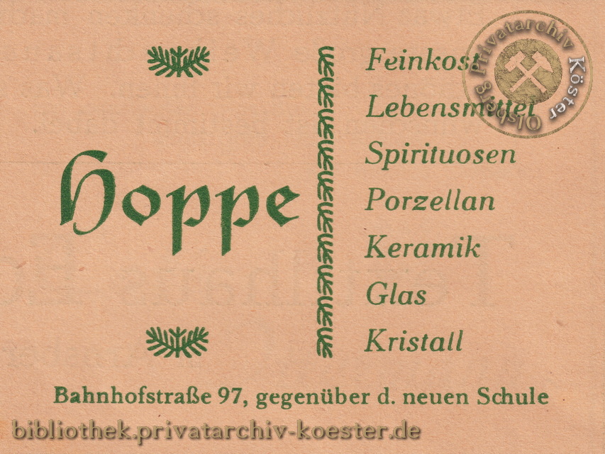 Werbeanzeige Lebensmittelgeschäft Hoppe Olsberg 1956