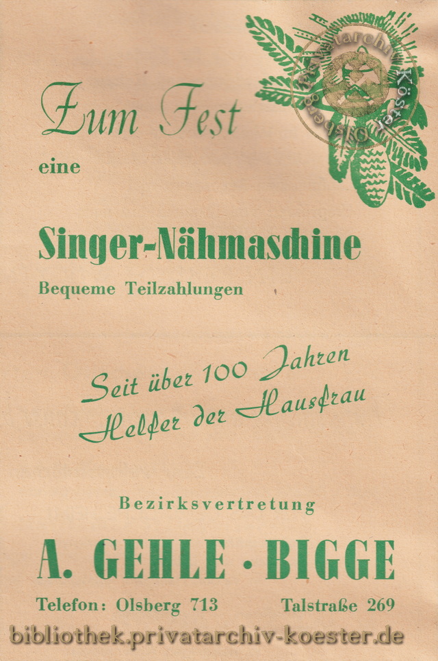 Werbeanzeige Singer-Vertretung Gehle Bigge 1956