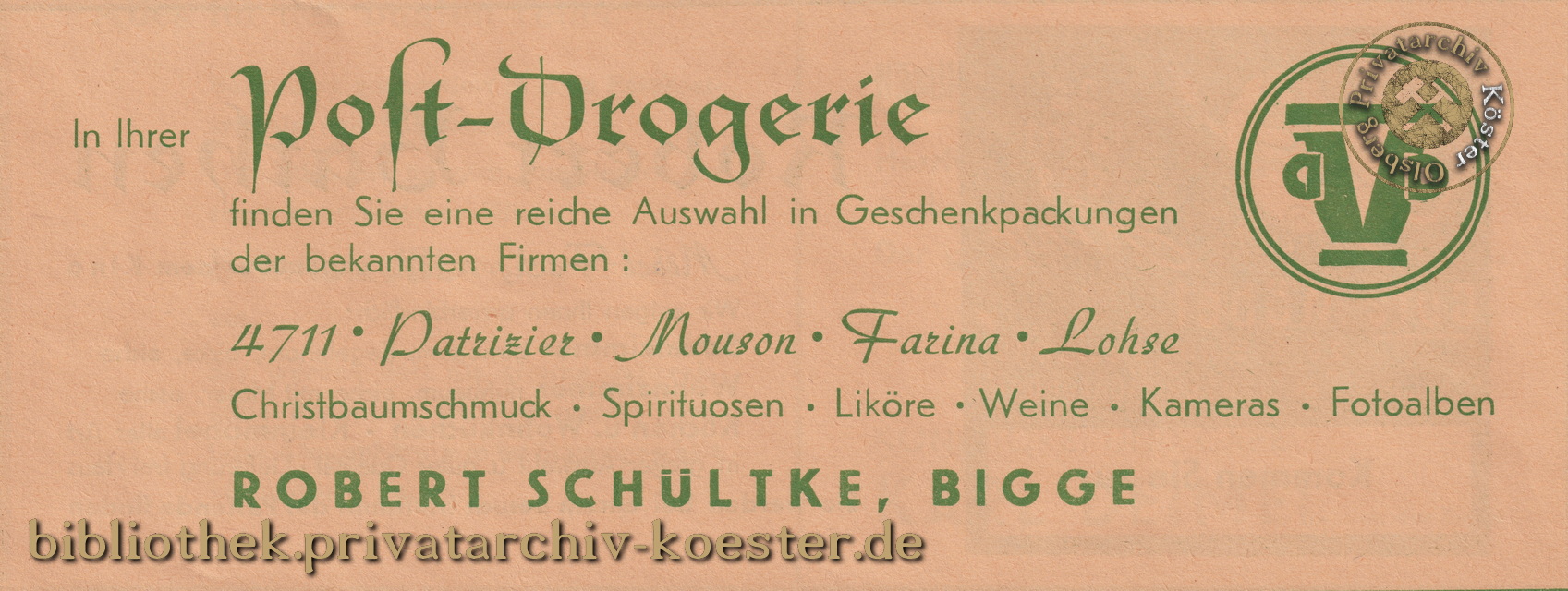 Werbeanzeige Post-Drogerie Bigge 1956
