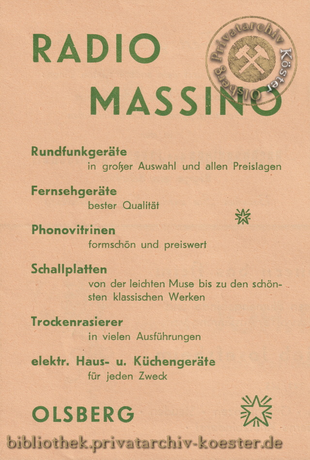 Werbeanzeige Radio Massino Olsberg 1956