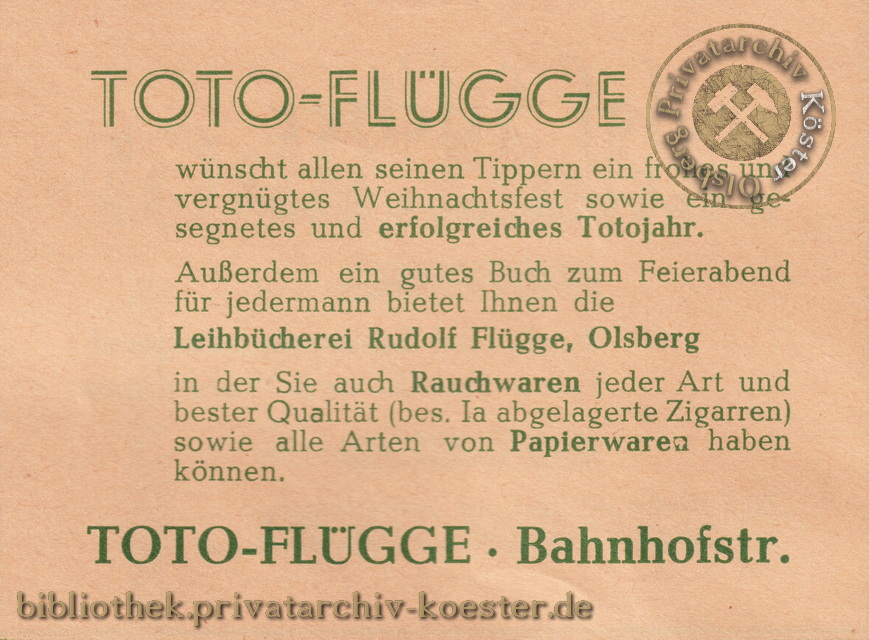 Werbeanzeige Toto-Flügge Olsberg 1956