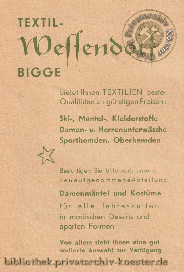 Werbeanzeige Textil-Wessendorf Bigge 1956