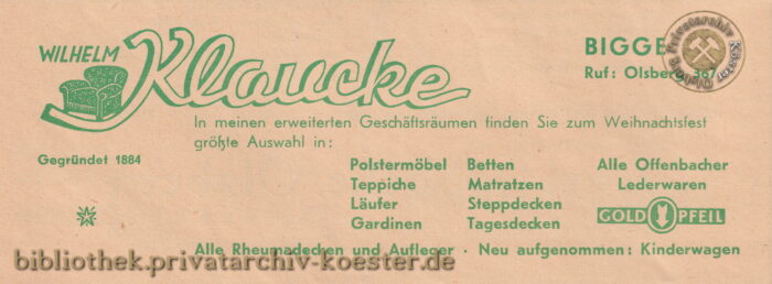 Werbeanzeige Wilhelm Klaucke Bigge 1956
