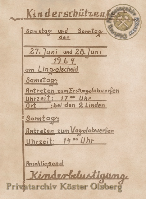 Einladung zum ersten Kinderschützenfest auf der Gierskopp 1964