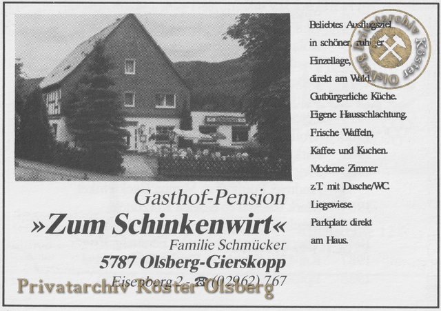 Werbeanzeige Gasthof-Pension Zum Schinkenwirt 1989