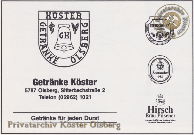 Werbeanzeige Getränke Köster Olsberg 1989