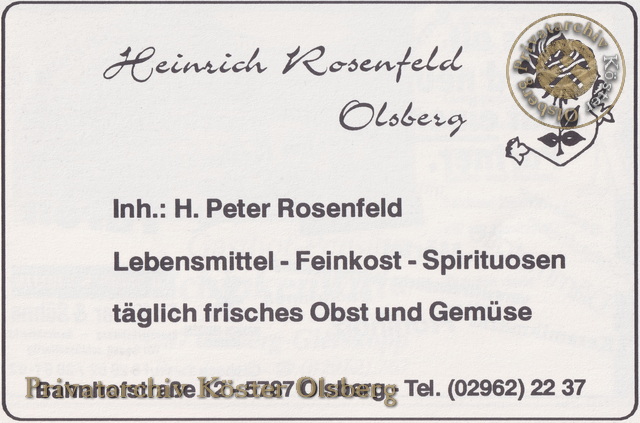 Werbeanzeige Heinrich Rosenfeld Olsberg 1989