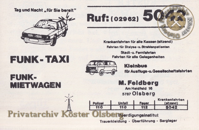 Werbeanzeige Taxi Feldberg 1989