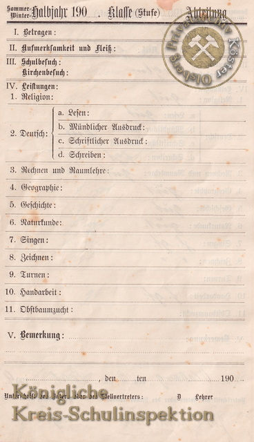 Zeugnis-Heft der königlichen Kreis-Schulinspektion Brilon 1901