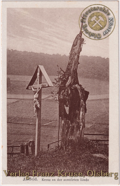 Ansichtskarte "Antfeld. Kreuz an der zerstörten Linde"
